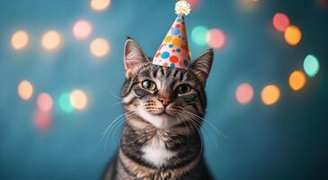 A cat wearing a party hat on a blue background photo