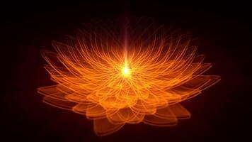 Transparent lotus flower with a lot of fire colored petals slowly rotating around a bright light ray. Seamless loop background with elegant 3D shape for yoga, meditation and spiritual art. 4K 60fps video