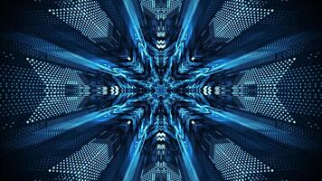 azul fractal túnel fez do futurista padrões com brilhante brilho efeito em uma Sombrio fundo. abstrato holograma corredor para cyber tecnologia, computador Ciência ou psicodélico arte desempenho. 4k 60fps video