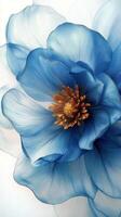A close up of a blue flower with a yellow center photo