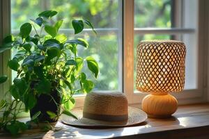 A hat and a lamp on a windowsill photo