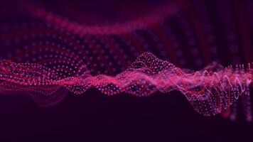 Elegant waves with glowing pink particles and smooth orange lines floating on a dark purple background. Abstract animation of digital flow of dots and curvy stripes for art performance. Loop 4K 60fps video