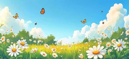 The flowers are in the sky and butterflies are flying around photo
