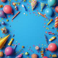 Colorful birthday party decorations on a blue background photo