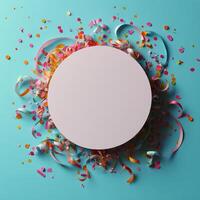 Round white circle with confetti and streamers on blue background photo