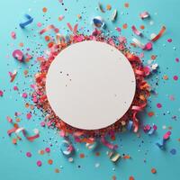 Round white circle surrounded by colorful confetti and streamers on a blue background photo