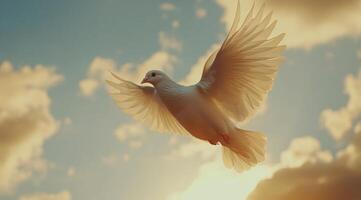 A white dove flying in the sky photo