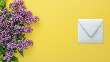 Lilac flowers and envelope on yellow background photo