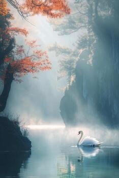 A white swan floating on the water in a misty forest photo