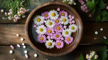 Pills and flowers in a bowl on a wooden table photo
