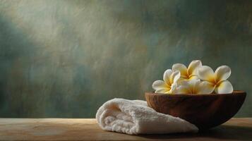 White flowers in a wooden bowl on a table photo