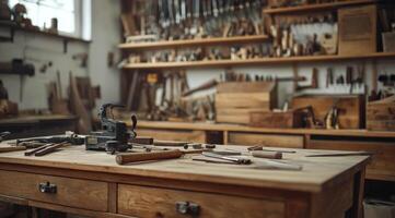 A wooden workbench with many tools on it photo