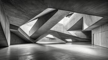 A black and white photo of a room with geometric shapes