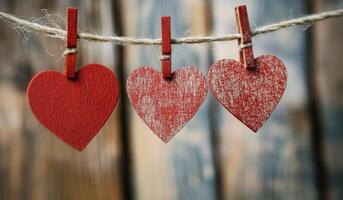 Three red hearts hanging on clothes pegs photo