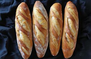 Four long french breads on a black cloth photo