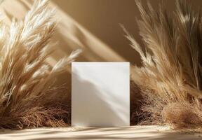 Blank white card on a table surrounded by dry grass photo