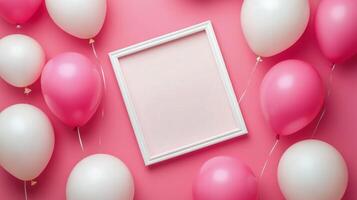 Pink and white balloons with a frame on a pink background photo