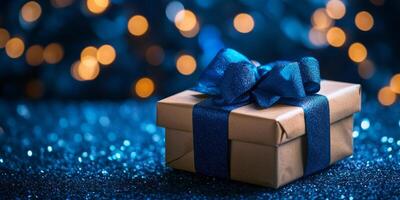 Gift box with blue ribbon on a blue background with bokeh lights photo