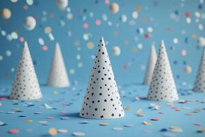 Paper party hats on blue background with confetti photo