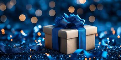 Gift box with blue ribbon and blue lights on a blue background photo
