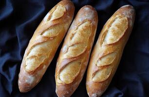 Three baguettes are shown on a black cloth photo