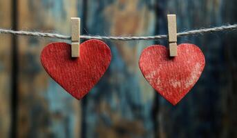 Two wooden hearts hanging on clothes pegs photo