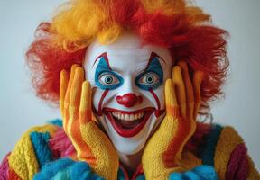 A clown with red hair and colorful clothes photo