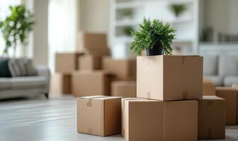 Moving boxes stacked in a living room photo