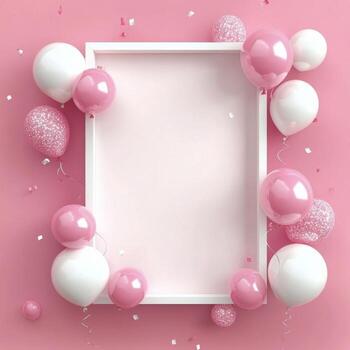 Pink and white balloons and a white frame on a pink background photo