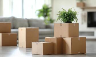 Moving boxes in a living room photo