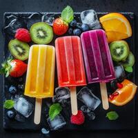 Fresh fruit popsicles with ice cubes and fruit on a black slate photo