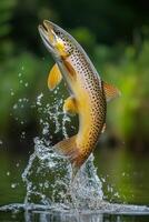 A brown trout jumping out of the water photo