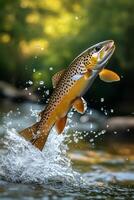 A brown trout jumping out of the water photo