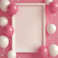 Pink background with white balloons and frame photo
