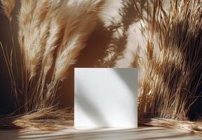 Blank white card on a table with dry grass photo