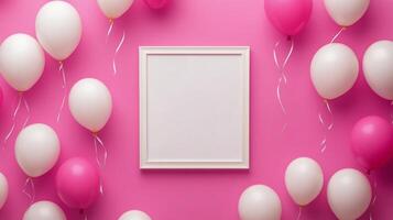 Pink background with white balloons and a blank frame photo