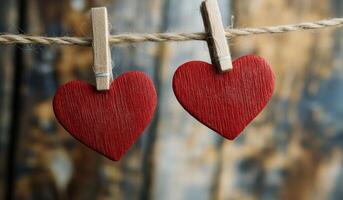 Two wooden hearts hanging on clothes pegs photo