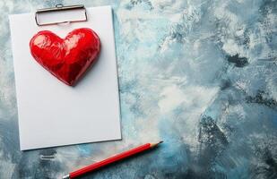 A red heart on a clipboard with a red pencil photo