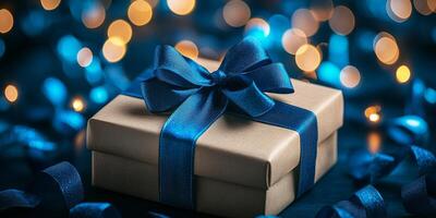 Gift box with blue ribbon and bokeh lights photo