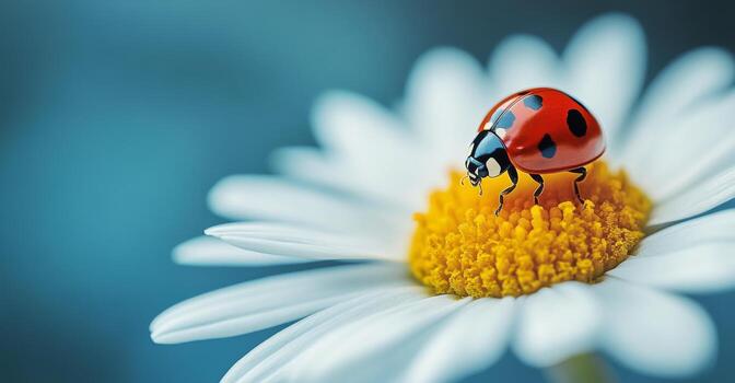 A ladybug is sitting on top of a white daisy photo