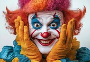 A clown with bright red hair and colorful makeup photo