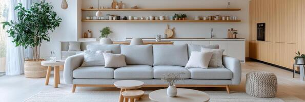 A living room with a couch, table and shelves photo