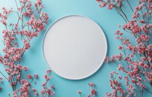 A round mirror on a blue background with pink flowers photo