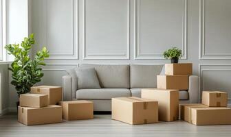 Moving boxes in a living room photo