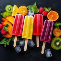 Fresh fruit and ice cream popsicles on a black background photo