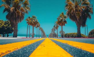 A yellow line on the road with palm trees photo