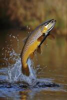 A brown trout jumping out of the water photo