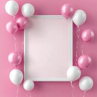 Pink background with white balloons and frame photo