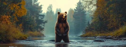 A bear standing in the water in the woods photo