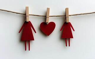 Three red paper dolls hanging on clothes pegs photo